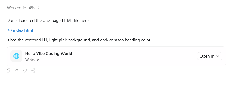 Sample output from Codex when it has finished processing a prompt