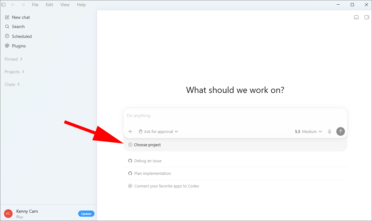 The Choose project item highlighted