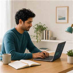 Student sat at table studying a laptop screen