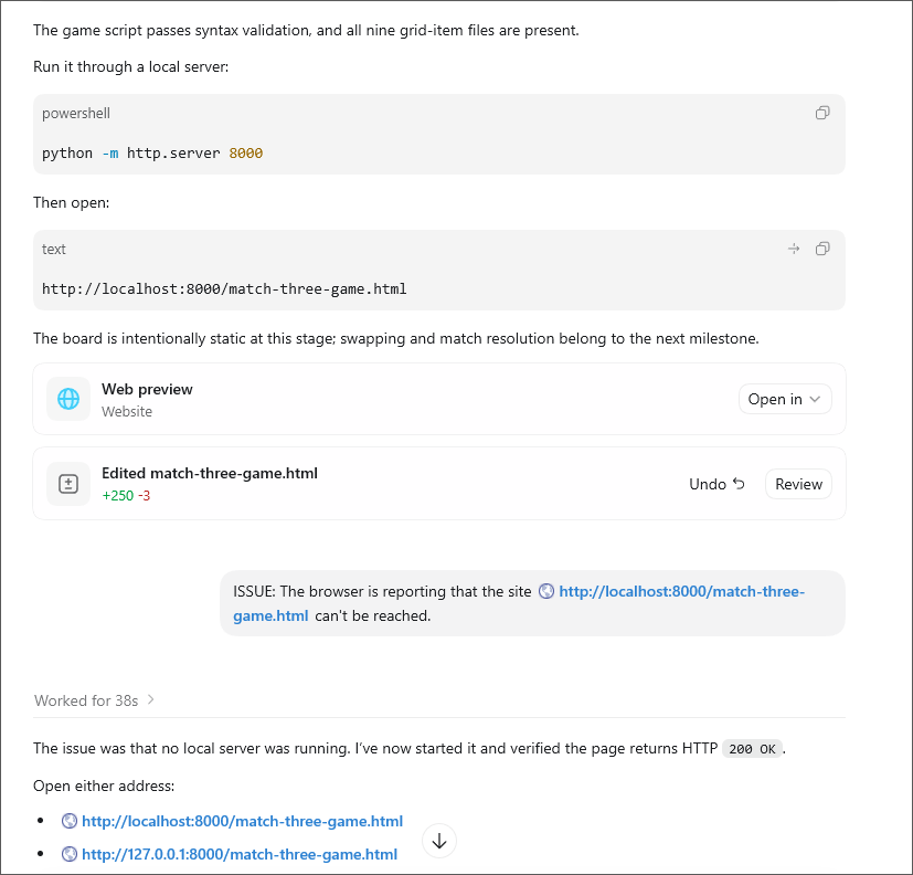 a dialog with Codex when starting a local server