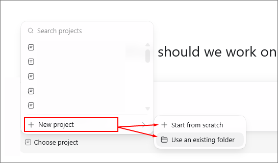Context menu when the Choose Project item is selected