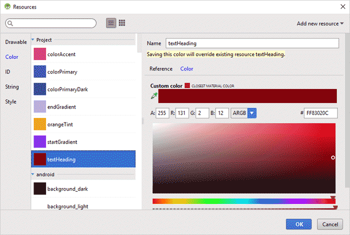 The Resources dialogue box showing a color value