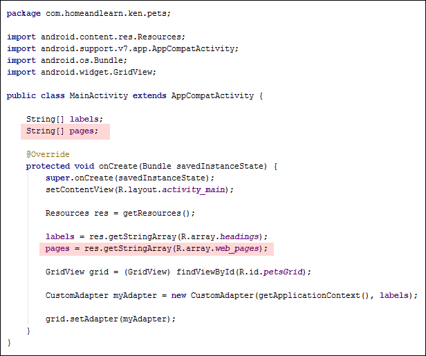 Java code to set up an array pulled from an Android XML file