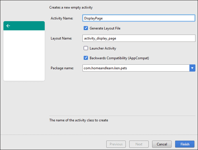 New Activity dialogue box