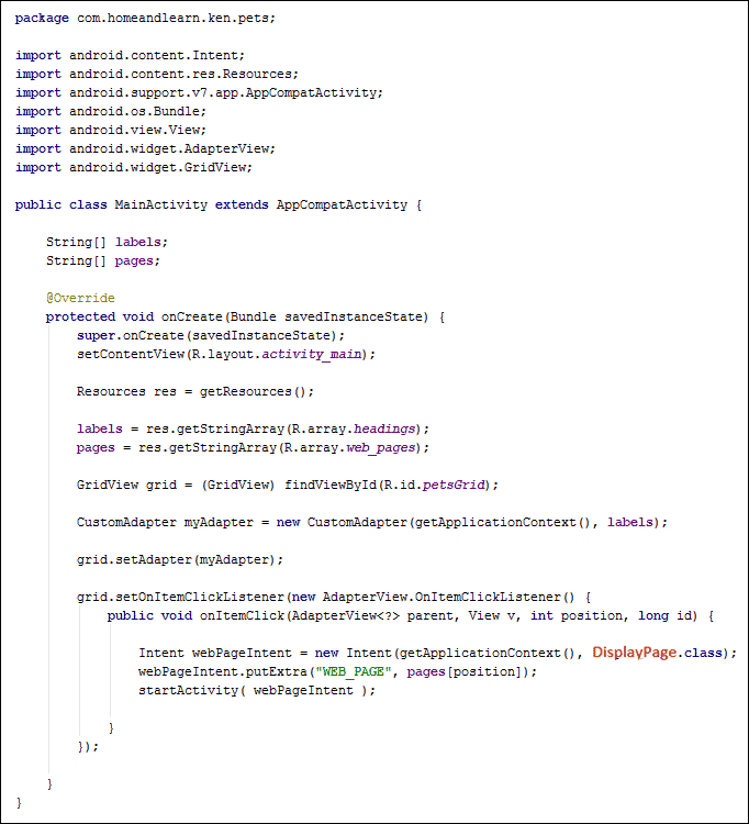 Java code to recognise clicks on a GridView item