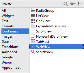 The WebView widget in the Android Studio palette