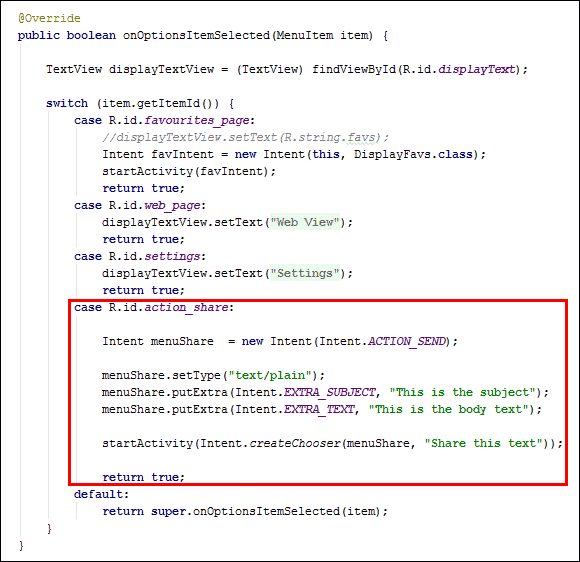 Java code for an ACTION share