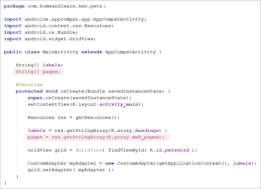 Java code to set up an array pulled from an XML file in Android Studio 3