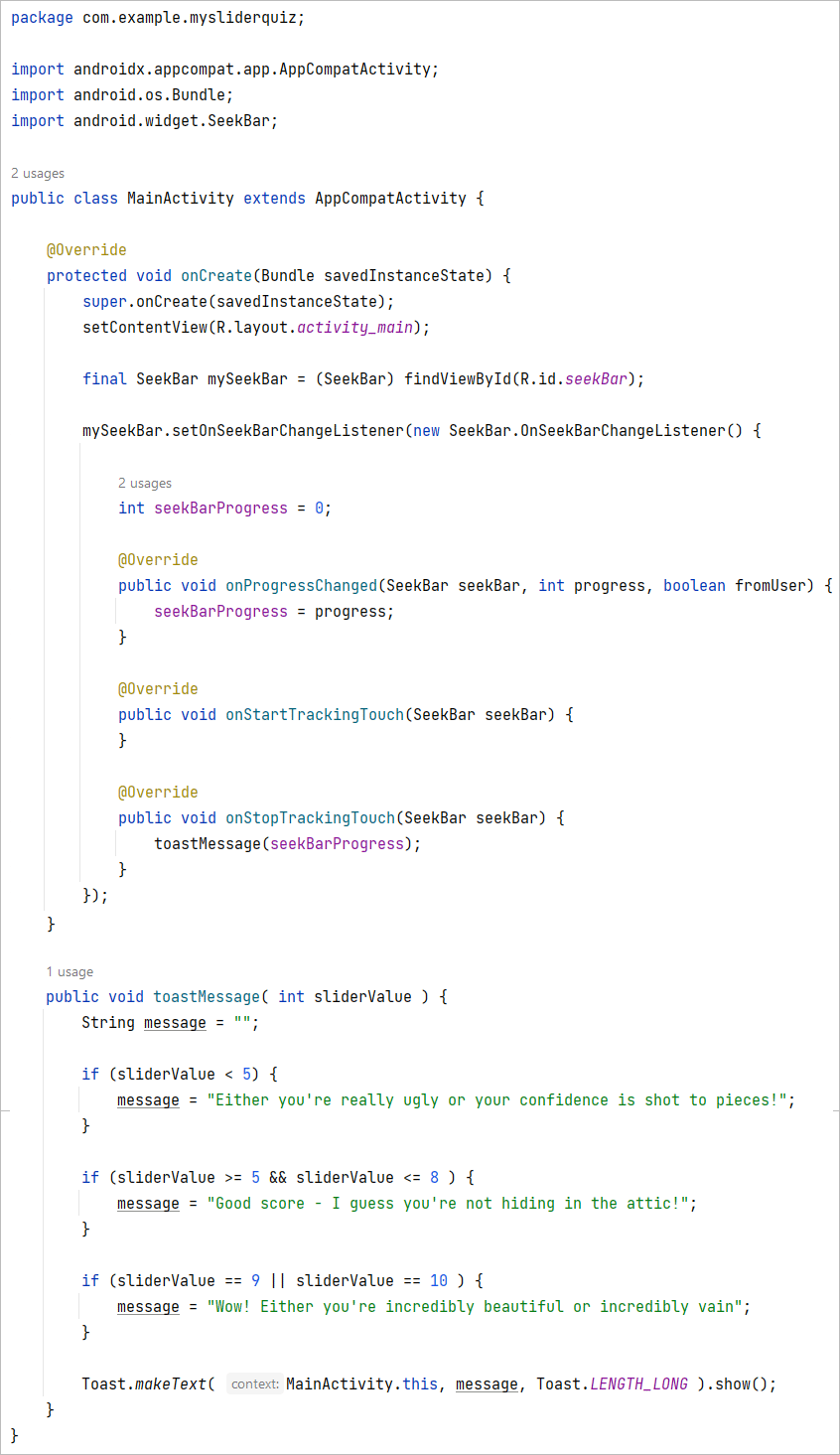 The whole of our Java code for an Android SeekBar.
