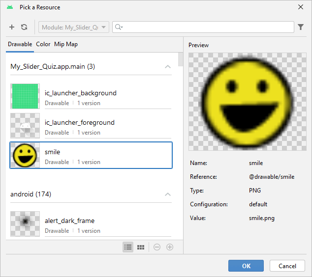 The Android Studio Resource dialogue box showing a drawable.