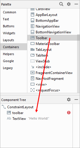 Dragging a Toolbar from the Palette to the Component Tree in Android Studio.
