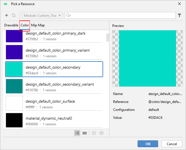 Selecting a color for the Android toolbar.