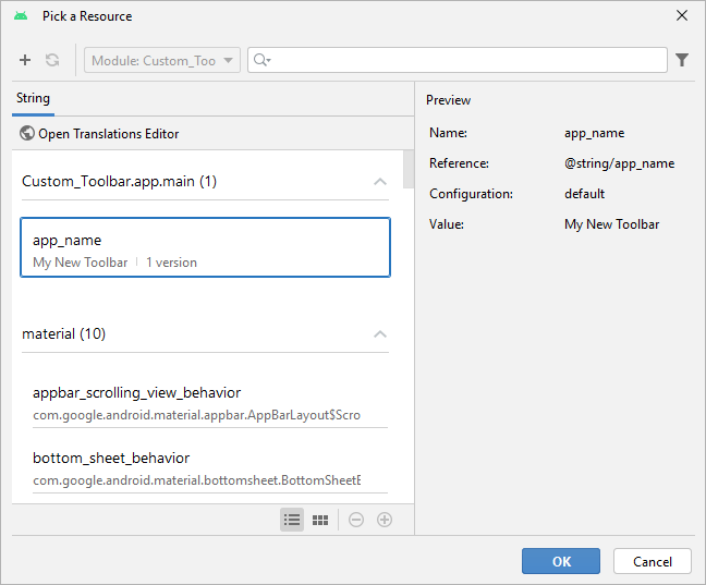 Resources dialogue box in Android Studio showing a string value being set for a toolbar.