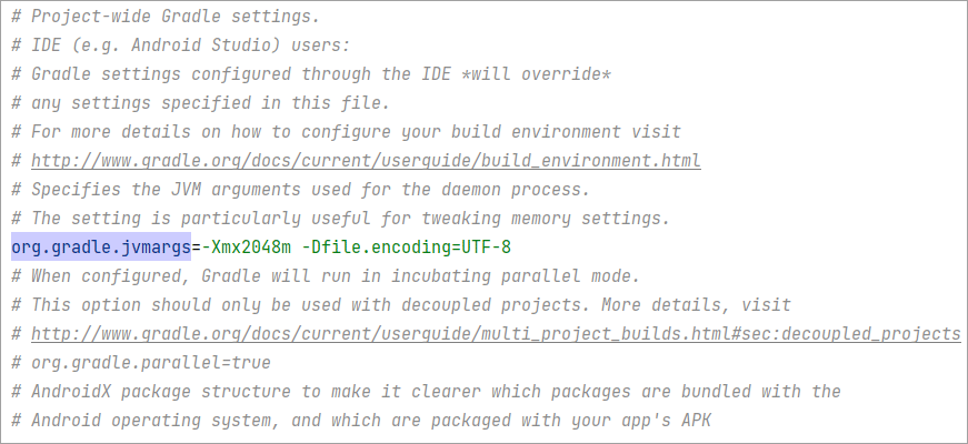 The gradle properties file in Android Studio