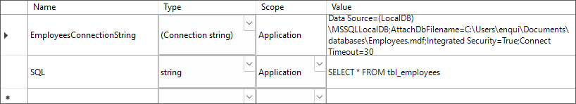 Settings page in Visual Studio showing a connection string a sql string added