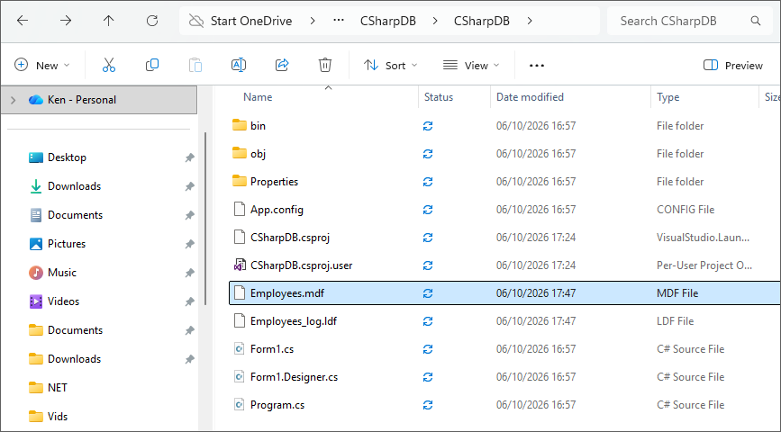 Windows Explorer folder showing a MDF database selected