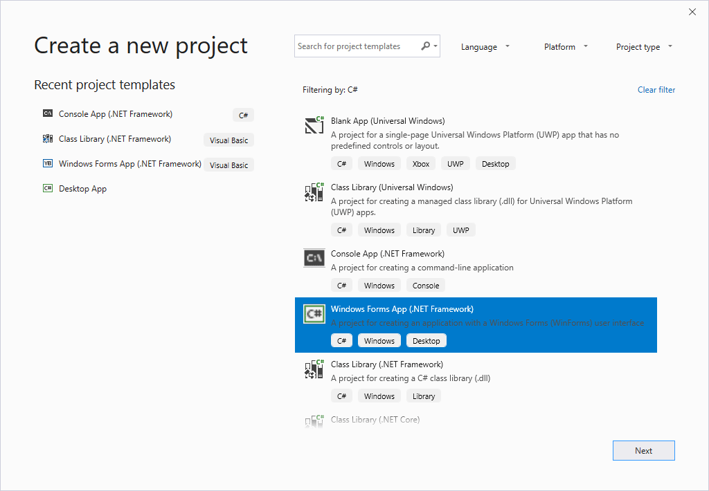 Creating a Windows Forms App in Visual Studio 2019