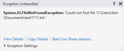 Exception Error in Visual Studio Community 2019