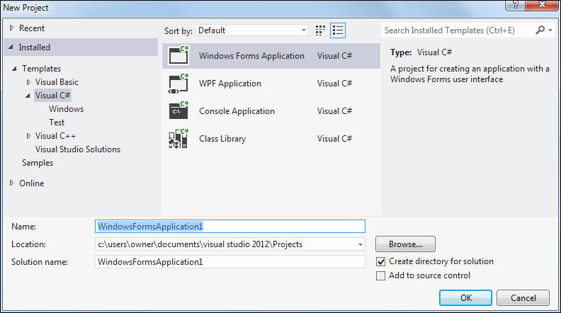 A New Windows Forms C# Project, version 2012