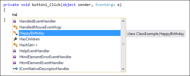 The Class appears on the IntelliSense list