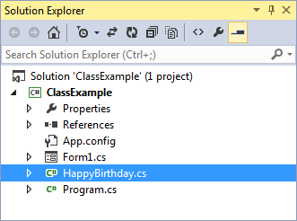 The Solution Explorer with the Class file showing