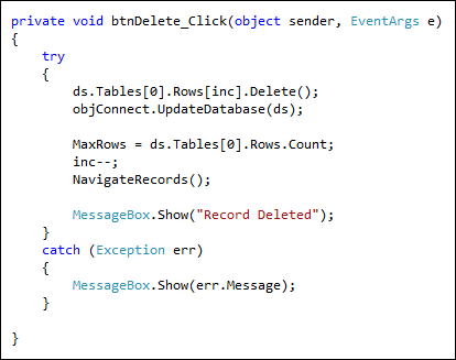 C# code to delete a record from a database table