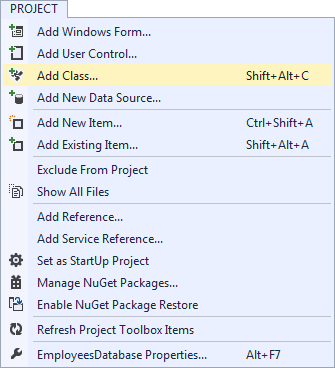 Project > Add Class menu in Visual Studio