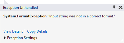 Exception error in Visual Studio 2017