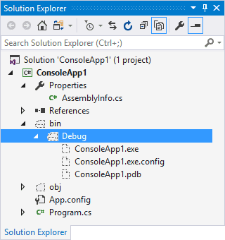 Solution Explorer, Debug menu in Visual Studio 2017