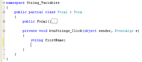 A C# String variable has been added to the code