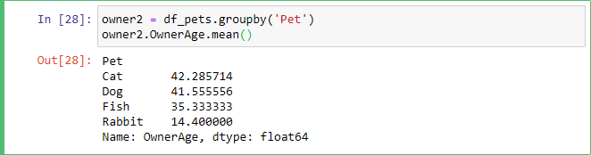 Use of groupby to get the mean age of pet owners by pet type.
