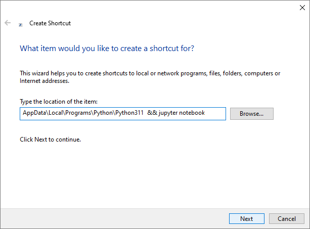 A shortcut entered into a textbox.