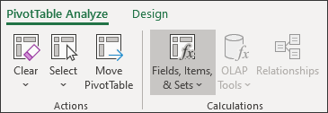 The Fields, Items & Sets item on the PivotTable Analyze ribbon in Excel