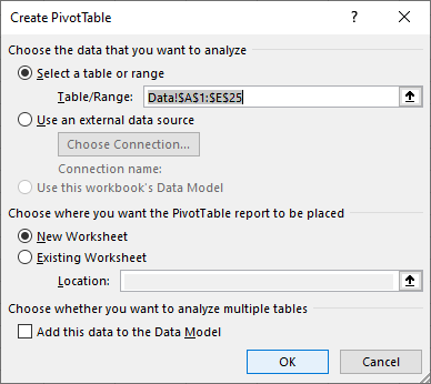Confirmation dialog box for a Pivot Table