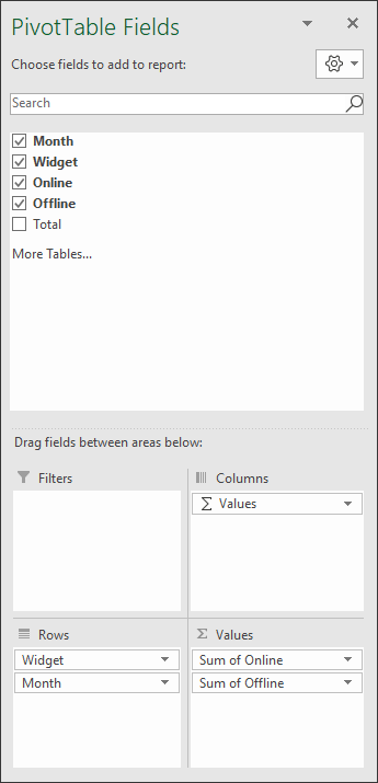 The PivotTable Fields area in Excel