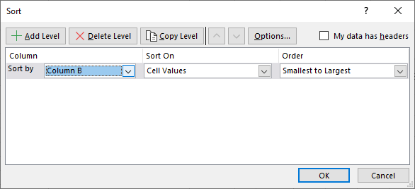The Sort dialog box in Excel