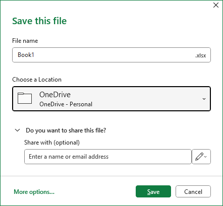 Excel 20205 Save dialog box