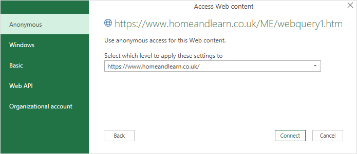 Access web content in Excel