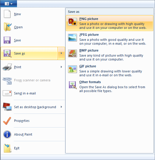The Save options in Microsoft Paint