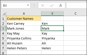 Flash Fill has extracted to first names to the B Column