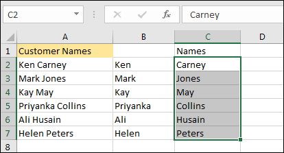 Flash Fill has extracted to last names to the C column
