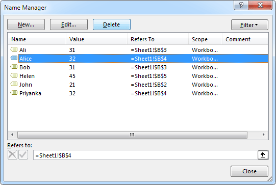 The Name Manager dialogue box