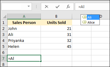 A Name set up in Excel
