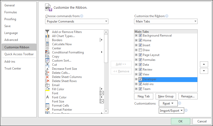 Excel Options dialogue box - Add Developer item