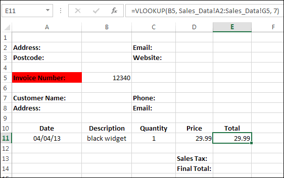 VLOOKUP used to get invoice details