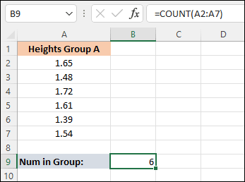 Spreadsheet showing the Excel COUNT function 