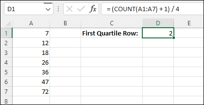 Spreadsheet showing the COUNT function used to calculate the first quartile