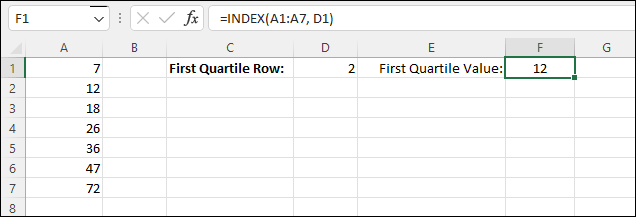 Spreadsheet showing the first quartile of a series of numbers