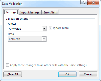 Data Validation dialogue box