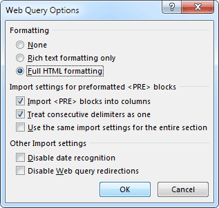 HTML Formatting in Web Query Options